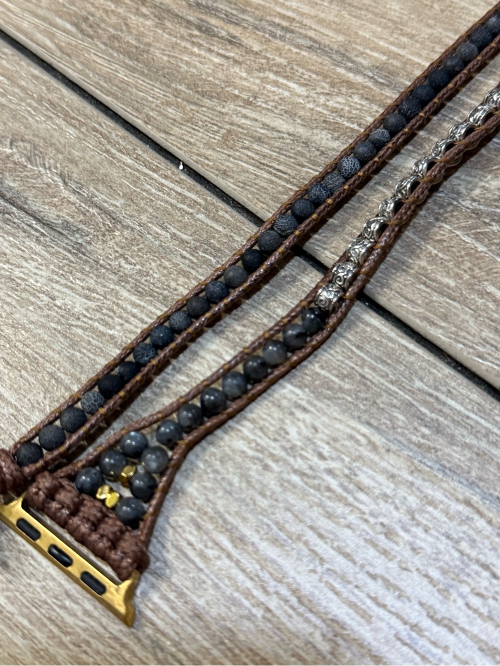 Boho Beaded Apple Watch Wrap Band Brown Cord Gray Stone Crystal Adjustable - Picture 5 of 11